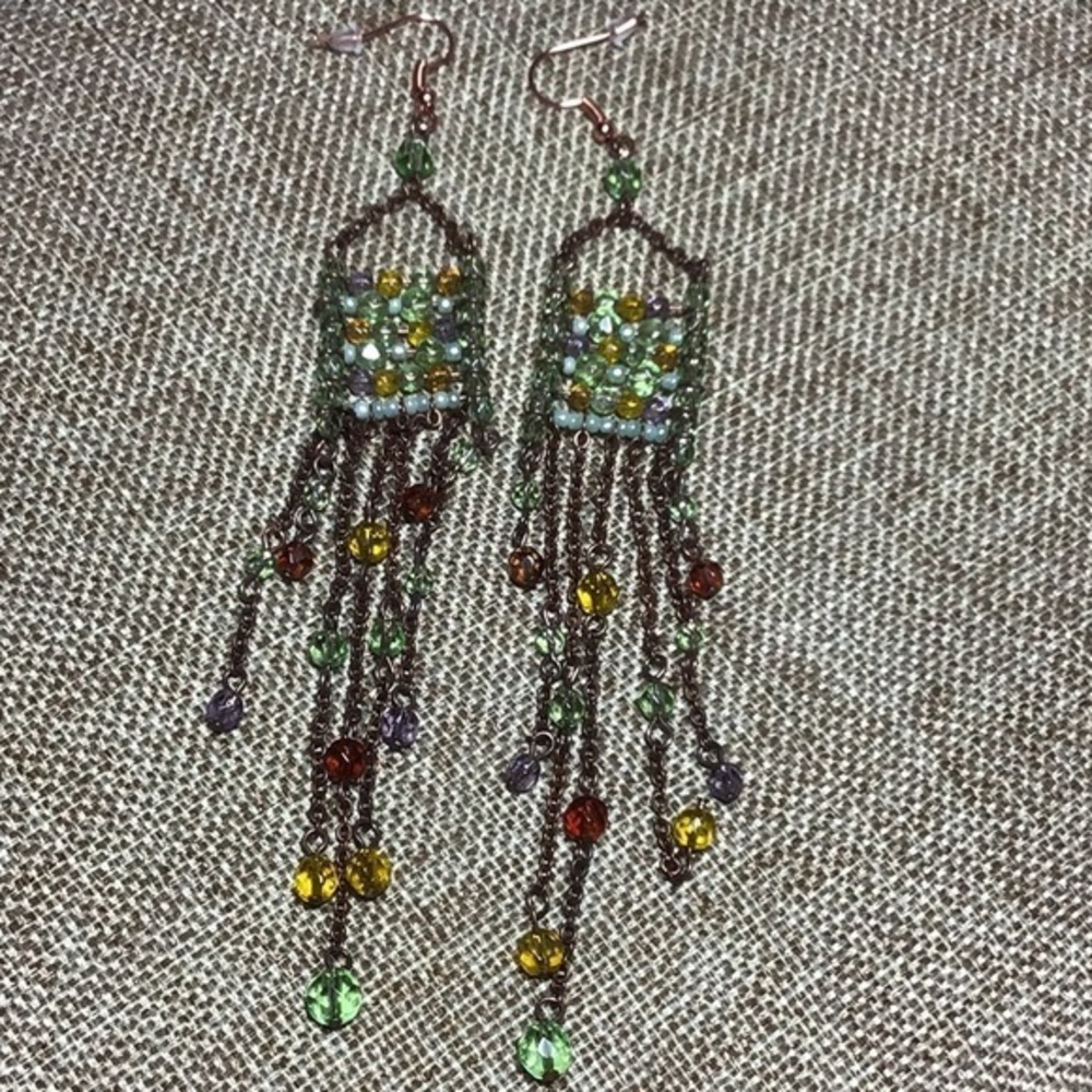NWOT Long Pierced Boho Earrings Green and Yellow